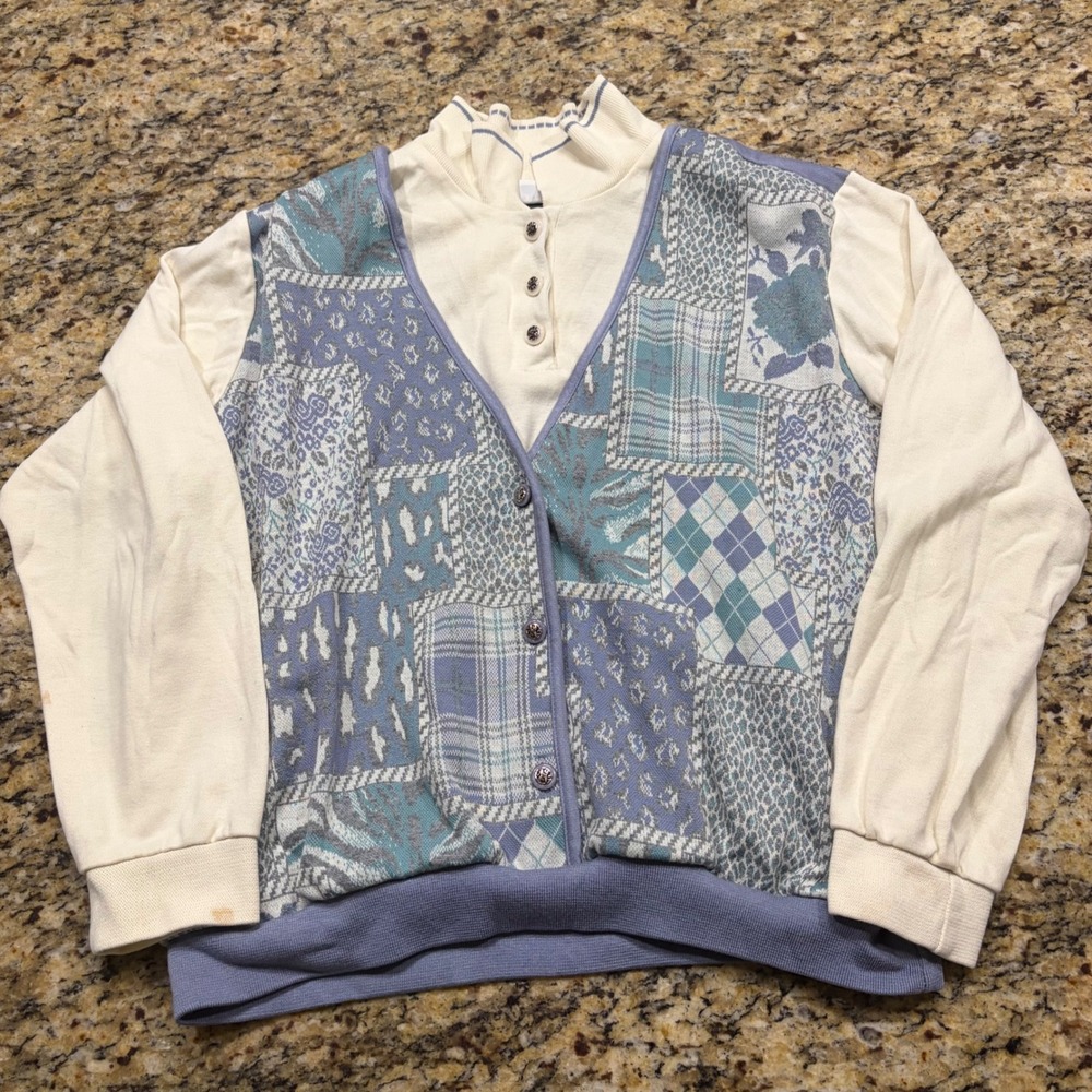 Alfred Dunner Vintage 2-in-1 Patchwork Mock Neck Top Blue Cream 1X Made in USA v